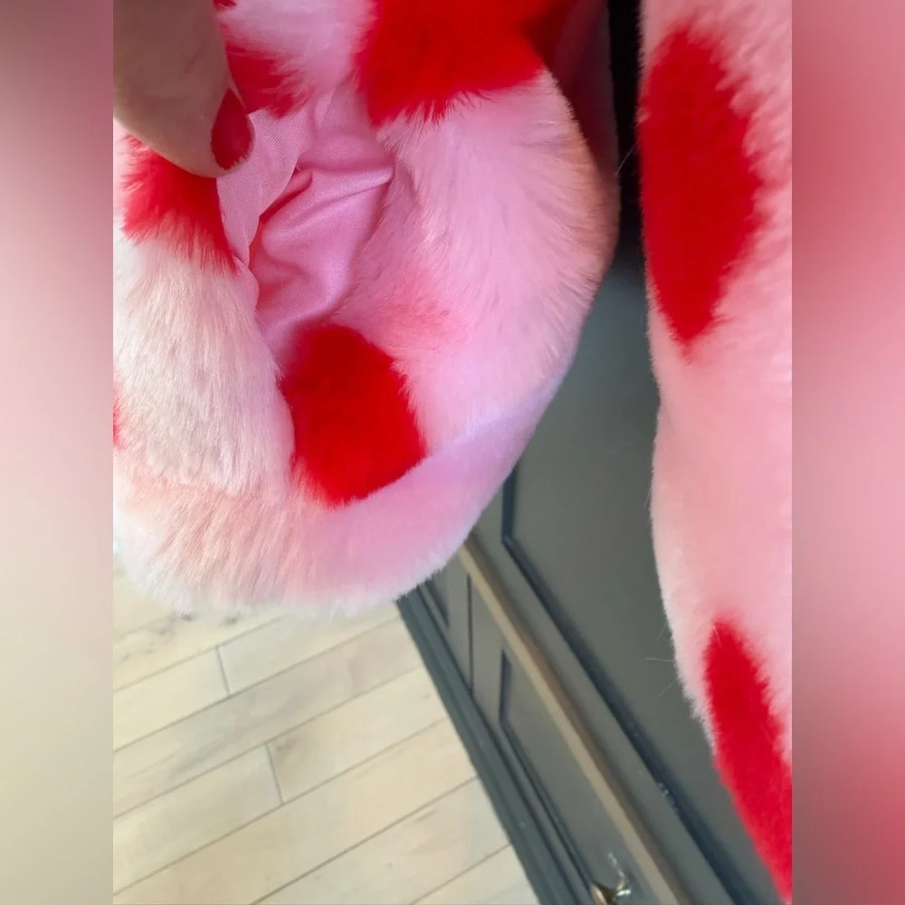 Janie and Jack | Pink and Red Heart Patterned Faux Fur Coat | 3-4